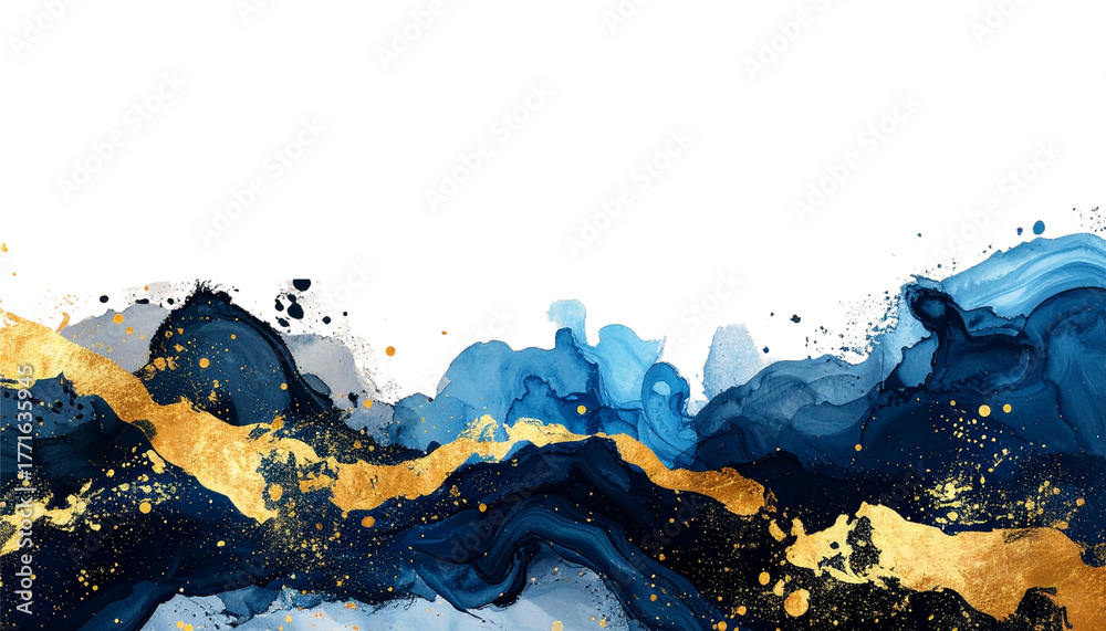 Obraz premium Abstract blue watercolor backdrop with ink splashes and paint drops creating a liquid grunge texture