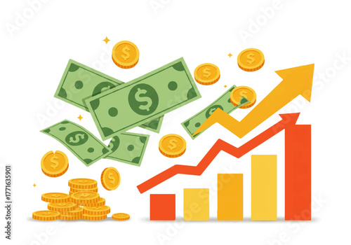 Illustration showing rising financial growth with money, coins, and an upward trending bar graph and arrow.