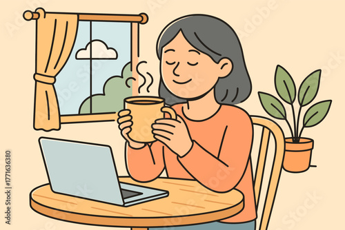 Woman working from home with coffee illustration
