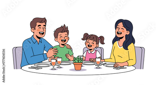 Family laughing together at the dinner table.