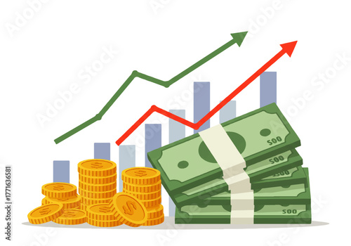 Illustration showing stacks of money, coins, and a rising graph with green and red arrows indicating financial growth and success.