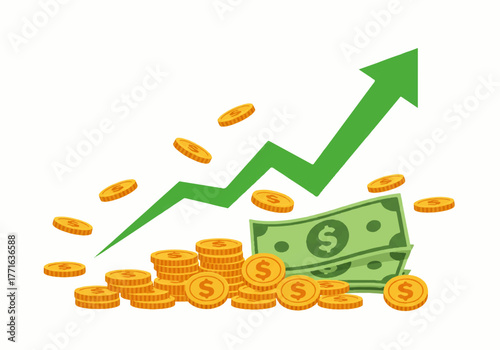 Illustration of rising financial growth with a green arrow pointing upwards, accompanied by stacks of gold coins and dollar bills.