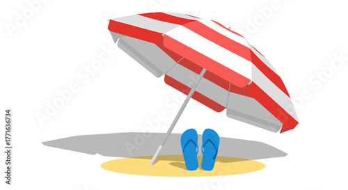Beach umbrella and flip-flops on the sand.