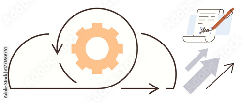 Rotating gear within cloud symbol for automated process, document signing with pen, and arrows for growth. Ideal for automation, technology, business, workflow, development, process improvement