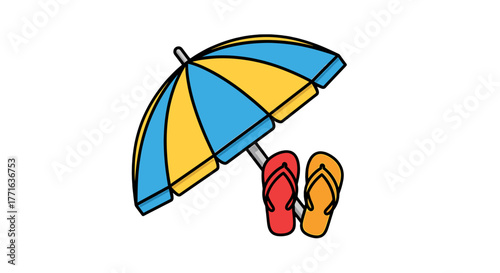 Summer beach theme umbrella and slippers.