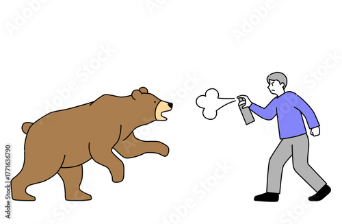 追いかけてくる熊に向かってクマよけのスプレーを吹き付ける男性のシンプルな線画ベクターイラスト