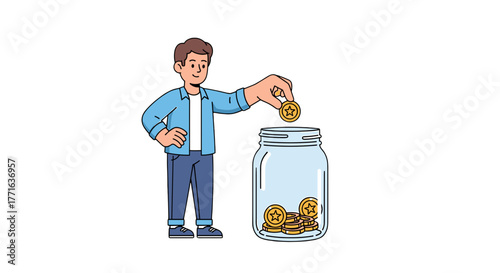 Man putting coin into jar 