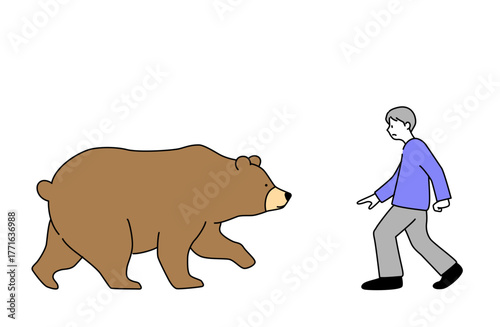 迫ってくる熊からゆっくりあとずさりして距離を取る男性のシンプルな線画ベクターイラスト