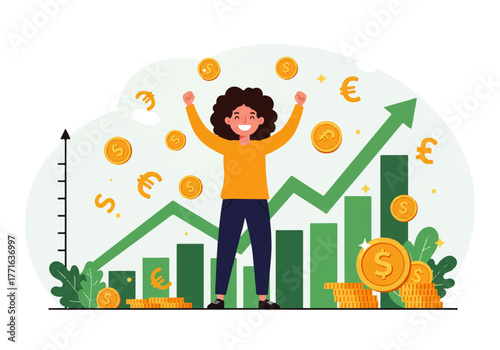 A happy woman celebrates financial success amidst rising bar graphs, an upward trending arrow, and floating currency symbols and coins.