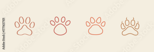 Paw print of a dog or cat. Set of different Animal footprint. Footprint pet. Paw print of dog, cat, tiger paws, Bobcat, kitten leg, cute canine, puppy pet footprint. Puppy track. Feline step outline.