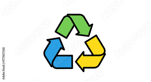 A vibrant recycling emblem using green, yellow, and blue arrows to highlight the commitment to eco-friendly practices.
