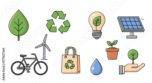 A collection of ecological themed elements including a leaf, lightbulb, recycle logo, and a solar panel.