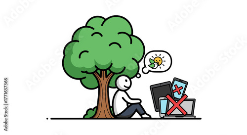 Character takes a break from technology to connect with nature, sitting under a tree and dreaming of a bird and the sun.