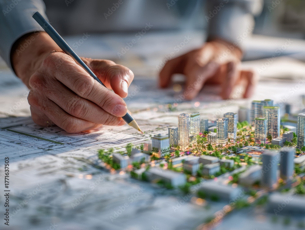 Fototapeta premium Economic growth infrastructure strategy. Hands sketching a city plan with a model layout and detailed buildings.