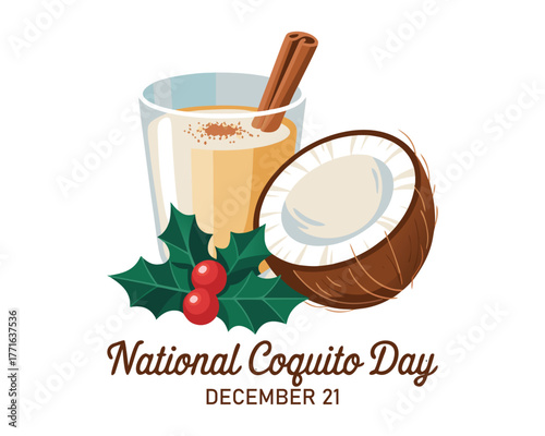 National Coquito Day vector. Puerto Rican eggnog with cinnamon and coconut milk icon vector. Traditional christmas holiday drink coquito drawing. December 21.