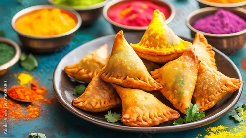 Sweet gajica and samosa with vibrant holy colors baked