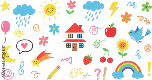 Collection of colorful handdrawn doodles and icons, including a house, sun, clouds, stars, flowers, fruits, and animals