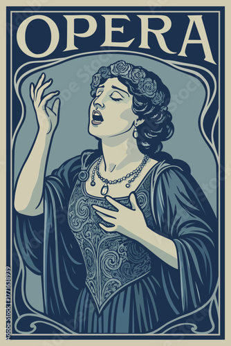 Opera singer. Vector vintage poster in art nouveau style