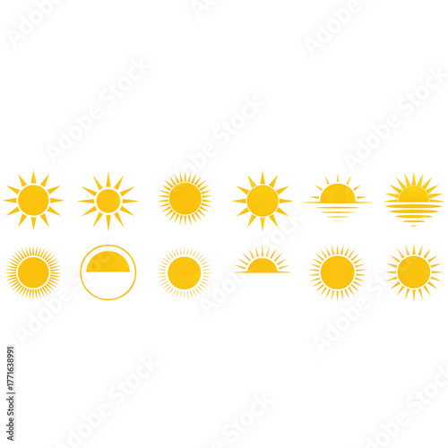 Diverse collection of yellow sun vector illustrations showcasing various weather and design concepts