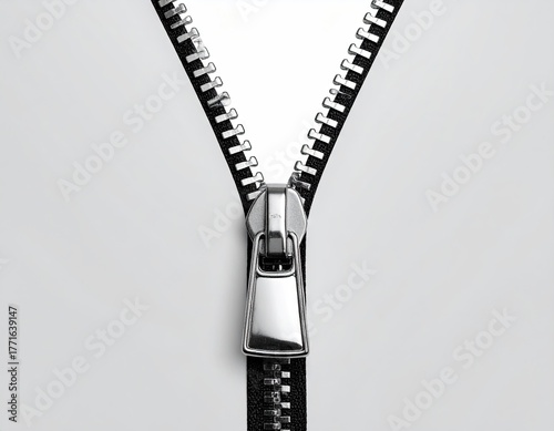 Close Up of Silver Zipper Partially Opened Against a White Background