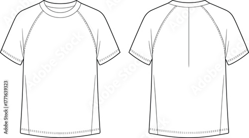 Blank raglan sleeve t-shirt technical flat sketch, front and back view fashion design template, unisex casual apparel outline for clothing designers, vector illustration