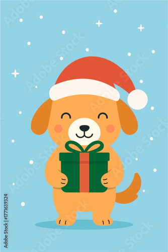 Cute Christmas Dog Holding Gift Box in Modern Flat Design