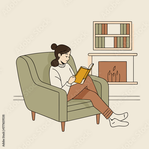 Woman Relaxing Reading Book on Sofa in Cozy Home Interior