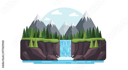A stylized illustration showcasing a mountain range with a cascading waterfall and surrounding greenery.