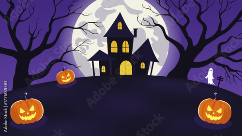 Glowing pumpkins moonlit Halloween night on a hil