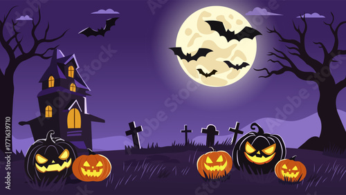 Spooky Halloween night with haunted house.