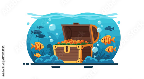 An open treasure chest filled with gold coins sits on the ocean floor, surrounded by fish and bubbles.