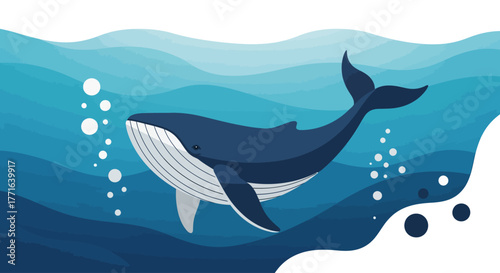 A stylized illustration of a blue whale swimming gracefully through ocean waters.