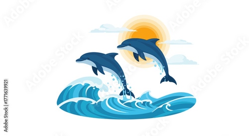 Two dolphins leaping from ocean waves under a bright sun in a cheerful, illustrative style.