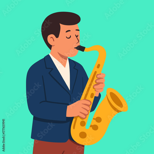 A musician playing saxophone icon logo flat vector design