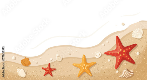 Illustration of a sandy beach with starfish and seashells, waves washing ashore.