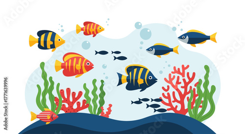 Colorful cartoon illustration of various fish swimming in an underwater aquarium environment.