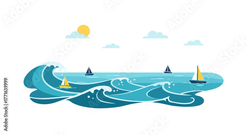 Illustration of ocean waves with sailboats sailing under a sunny sky.