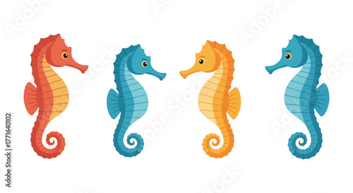 Four stylized seahorses, in orange, blue and yellow, facing each other in pairs on a white background.