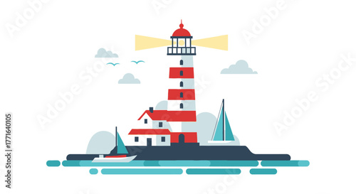 A stylized illustration of a lighthouse with boats sailing near the ocean.