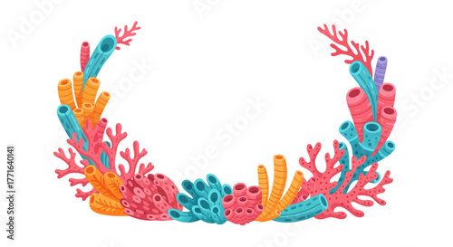 Colorful coral reef arrangement in a semi-circular shape, featuring various types and textures on a white background.