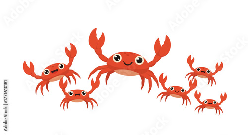 A group of cartoon crabs with happy faces and raised claws against a white background.