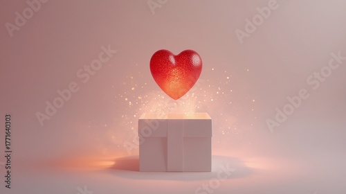 Minimalist romantic scene with a glowing heart floating above an open box in bright dreamy light