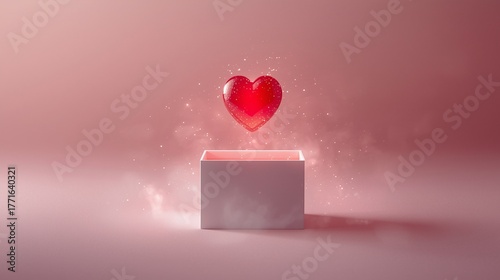 Romantic heart emerging from an open box in soft pastel light, Valentine concept