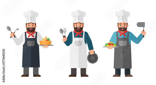 Three chefs in different poses, holding food, utensils, and wearing aprons and chef hats, isolated on a white background.
