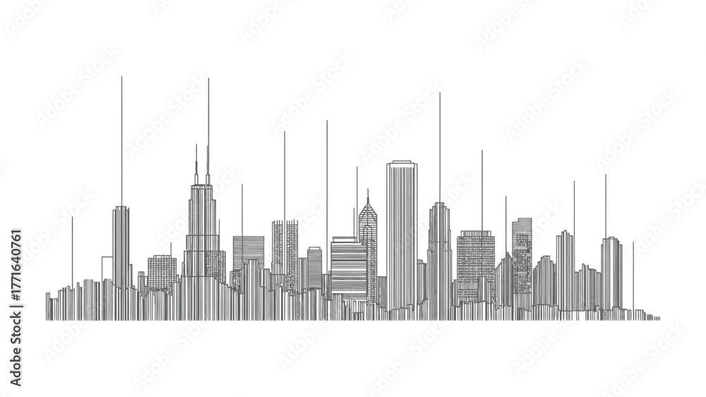 Obraz premium Urban Silhouette: An elegant, minimalist line drawing presents a city skyline. The graphic captures the essence of an urban landscape, showcasing tall buildings and architectural designs. 