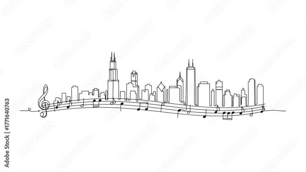 Obraz premium City Symphony: A graphic cityscape elegantly merges with musical notes, the buildings are rising and falling like the notes of the melody, creating a harmonious and artistic representation.