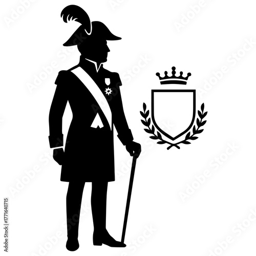 Minimalist black silhouette of an 18th-century nobleman in a tricorne hat with feather, sash and medal, holding a cane, beside a heraldic shield with crown and laurel—perfect for crests, logos.