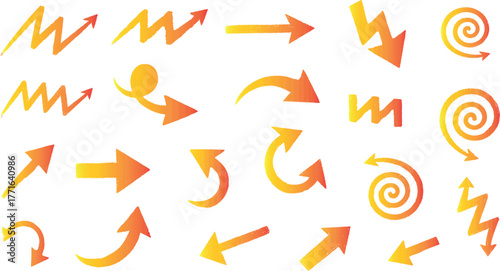 Assortment of colorful handdrawn arrows, zigzags, and spirals on a, indicating direction, movement, and flow