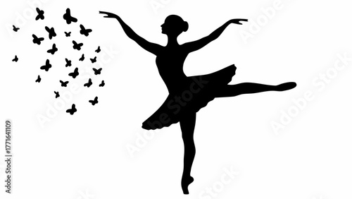 Graceful ballerina in silhouette dances amidst a flurry of elegant butterflies