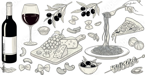 Italian food and wine illustration with pasta, pizza, cheese, grapes, olives, and a bottle of red wine